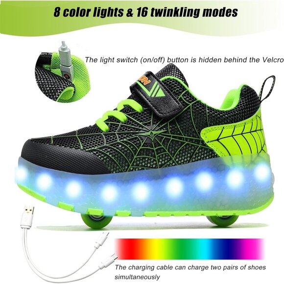 Kids Black/green Usb Chargeable Led Light Up Wheeled Skate Sneaker Shoes - Picture 2 of 6